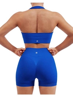 Women Seamless Ribbed Workout Set Backless Sports Bra Booty Biker Short