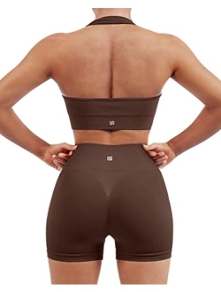 Women Seamless Ribbed Workout Set Backless Sports Bra Booty Biker Short