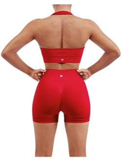 Women Seamless Ribbed Workout Set Backless Sports Bra Booty Biker Short