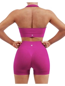 Women Seamless Ribbed Workout Set Backless Sports Bra Booty Biker Short