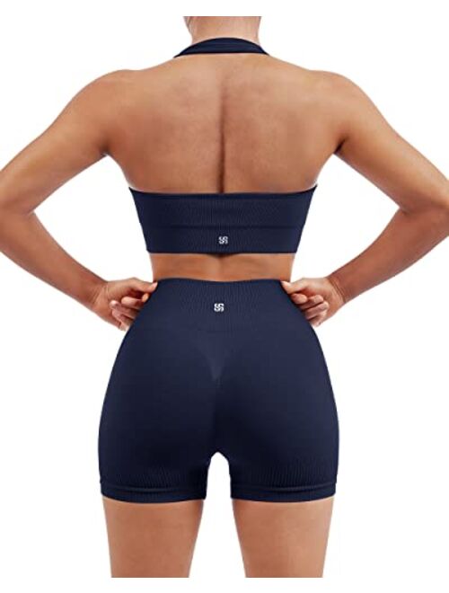 SUUKSESS Women Seamless Ribbed Workout Set Backless Sports Bra Booty Biker Short