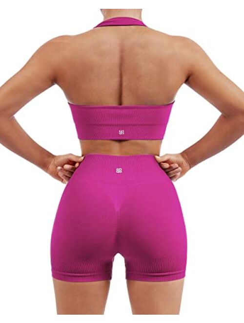 SUUKSESS Women Seamless Ribbed Workout Set Backless Sports Bra Booty Biker Short