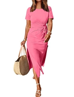 Womens Summer Short Sleeve Crewneck T Shirt Maxi Dress Tie Waist Casual Slim Fit Slit Beach Dresses