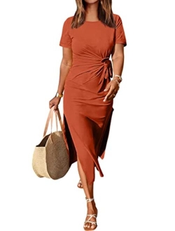 Womens Summer Short Sleeve Crewneck T Shirt Maxi Dress Tie Waist Casual Slim Fit Slit Beach Dresses