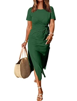 Womens Summer Short Sleeve Crewneck T Shirt Maxi Dress Tie Waist Casual Slim Fit Slit Beach Dresses