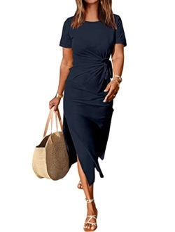 Womens Summer Short Sleeve Crewneck T Shirt Maxi Dress Tie Waist Casual Slim Fit Slit Beach Dresses