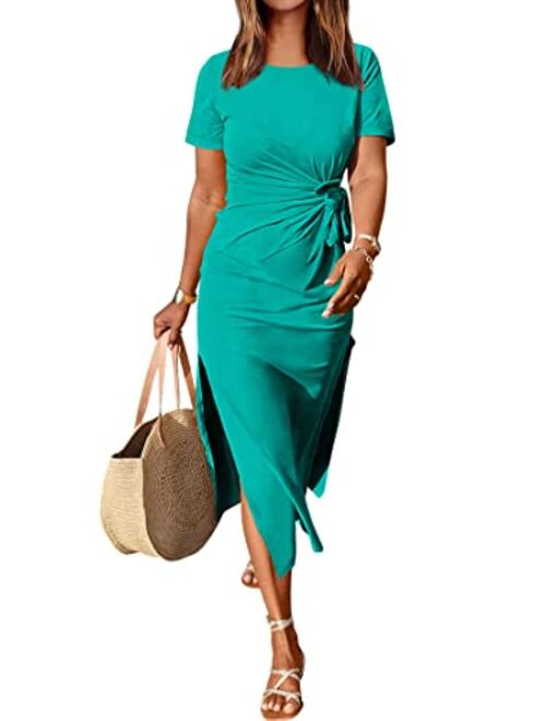 ANRABESS Womens Summer Short Sleeve Crewneck T Shirt Maxi Dress Tie Waist Casual Slim Fit Slit Beach Dresses