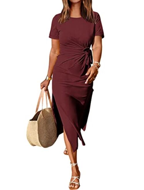 ANRABESS Womens Summer Short Sleeve Crewneck T Shirt Maxi Dress Tie Waist Casual Slim Fit Slit Beach Dresses