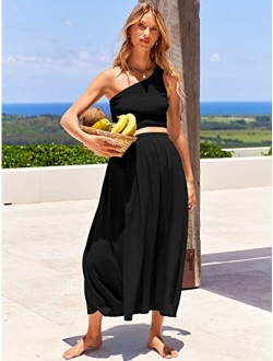 Women's 2 Pieces Outfits One Shoulder Smocked Crop Top & High Waist Long Skirt Dress Set with Pockets