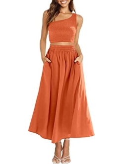 Women's 2 Pieces Outfits One Shoulder Smocked Crop Top & High Waist Long Skirt Dress Set with Pockets