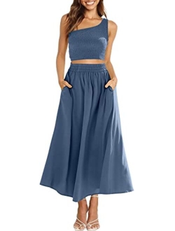 Women's 2 Pieces Outfits One Shoulder Smocked Crop Top & High Waist Long Skirt Dress Set with Pockets