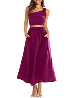 Women's 2 Pieces Outfits One Shoulder Smocked Crop Top & High Waist Long Skirt Dress Set with Pockets