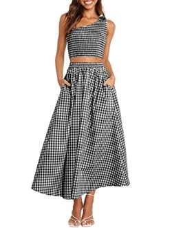 Women's 2 Pieces Outfits One Shoulder Smocked Crop Top & High Waist Long Skirt Dress Set with Pockets