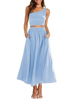 Women's 2 Pieces Outfits One Shoulder Smocked Crop Top & High Waist Long Skirt Dress Set with Pockets