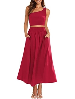 Women's 2 Pieces Outfits One Shoulder Smocked Crop Top & High Waist Long Skirt Dress Set with Pockets