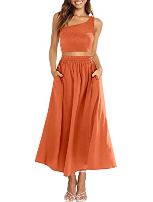 ANRABESS Women's 2 Pieces Outfits One Shoulder Smocked Crop Top & High Waist Long Skirt Dress Set with Pockets