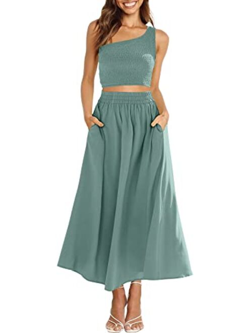 ANRABESS Women's 2 Pieces Outfits One Shoulder Smocked Crop Top & High Waist Long Skirt Dress Set with Pockets