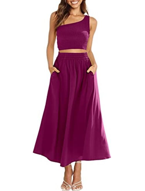 ANRABESS Women's 2 Pieces Outfits One Shoulder Smocked Crop Top & High Waist Long Skirt Dress Set with Pockets