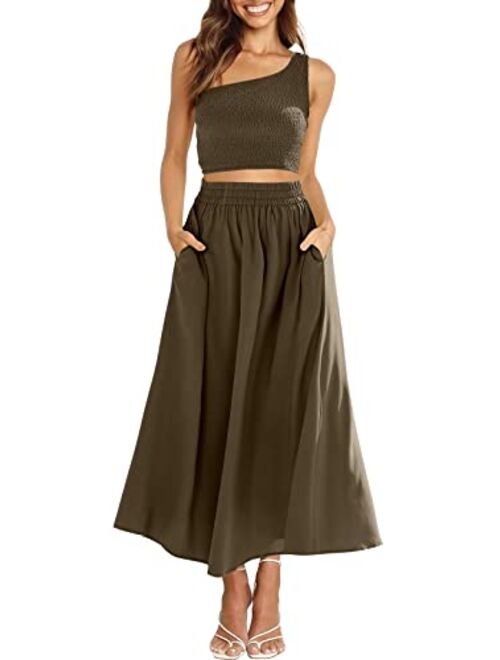 ANRABESS Women's 2 Pieces Outfits One Shoulder Smocked Crop Top & High Waist Long Skirt Dress Set with Pockets