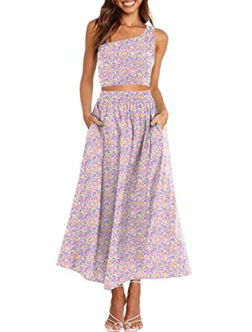 ANRABESS Women's 2 Pieces Outfits One Shoulder Smocked Crop Top & High Waist Long Skirt Dress Set with Pockets