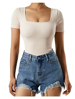 Women Ribbed Bodysuit Short Sleeve Square Neck Body Suit Tops