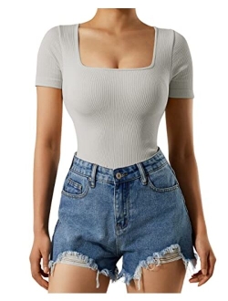 Women Ribbed Bodysuit Short Sleeve Square Neck Body Suit Tops