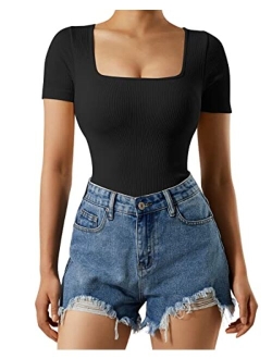 Women Ribbed Bodysuit Short Sleeve Square Neck Body Suit Tops