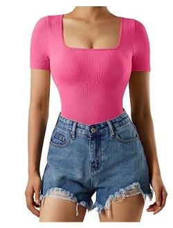 Women Ribbed Bodysuit Short Sleeve Square Neck Body Suit Tops