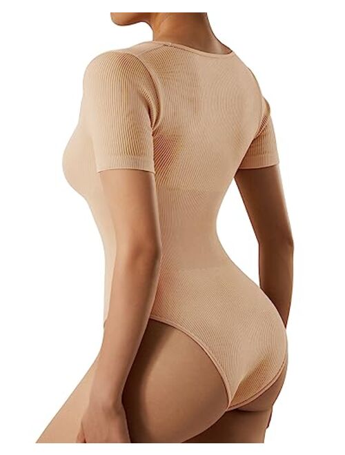 SUUKSESS Women Ribbed Bodysuit Short Sleeve Square Neck Body Suit Tops