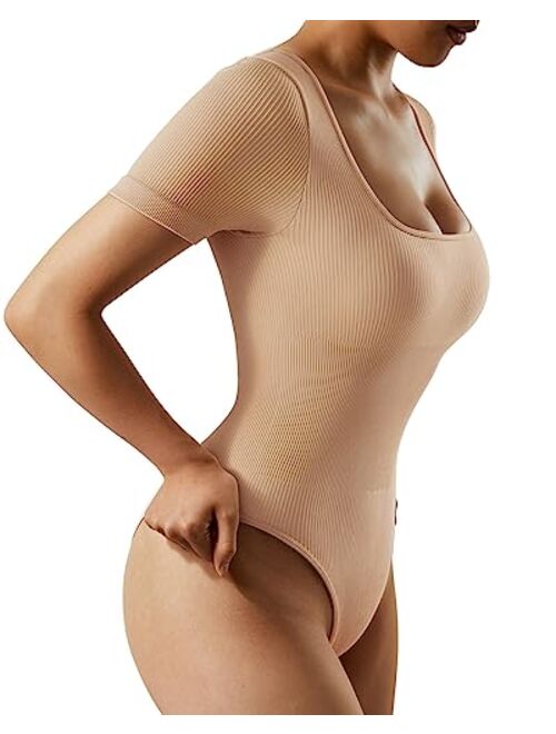 SUUKSESS Women Ribbed Bodysuit Short Sleeve Square Neck Body Suit Tops