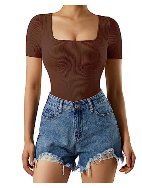 SUUKSESS Women Ribbed Bodysuit Short Sleeve Square Neck Body Suit Tops