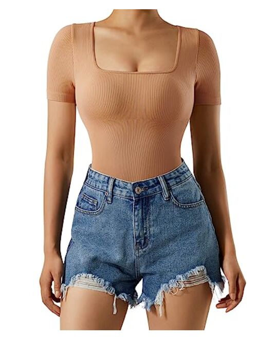 SUUKSESS Women Ribbed Bodysuit Short Sleeve Square Neck Body Suit Tops