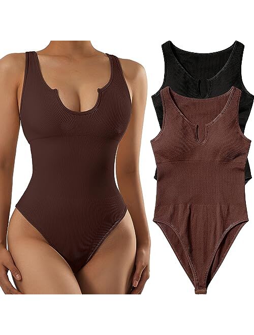 SUUKSESS Women Notch Neck Ribbed Seamless Bodysuit Padded Sexy Tank Tops