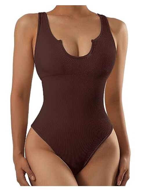 SUUKSESS Women Notch Neck Ribbed Seamless Bodysuit Padded Sexy Tank Tops