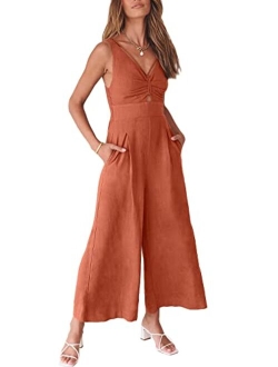 Women's Summer Wide leg Jumpsuits V Neck Smocked Cutout High Waist Thick adjustable straps Rompers