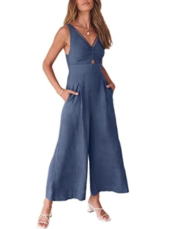 Women's Summer Wide leg Jumpsuits V Neck Smocked Cutout High Waist Thick adjustable straps Rompers