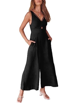 Women's Summer Wide leg Jumpsuits V Neck Smocked Cutout High Waist Thick adjustable straps Rompers