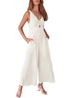 Women's Summer Wide leg Jumpsuits V Neck Smocked Cutout High Waist Thick adjustable straps Rompers