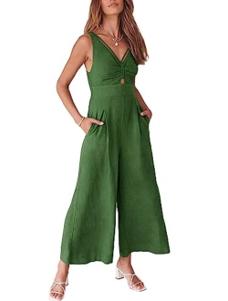 Women's Summer Wide leg Jumpsuits V Neck Smocked Cutout High Waist Thick adjustable straps Rompers