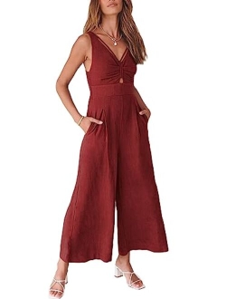 Women's Summer Wide leg Jumpsuits V Neck Smocked Cutout High Waist Thick adjustable straps Rompers