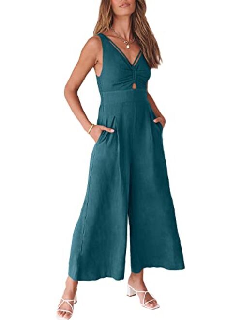 ANRABESS Women's Summer Wide leg Jumpsuits V Neck Smocked Cutout High Waist Thick adjustable straps Rompers