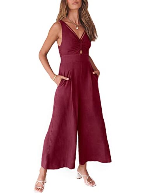 ANRABESS Women's Summer Wide leg Jumpsuits V Neck Smocked Cutout High Waist Thick adjustable straps Rompers