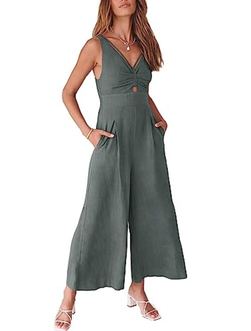 ANRABESS Women's Summer Wide leg Jumpsuits V Neck Smocked Cutout High Waist Thick adjustable straps Rompers