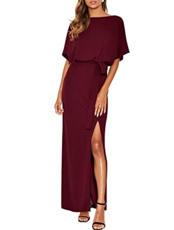 Women's Batwing Sleeve Tie Waist Long Dresses Formal Party Wedding Guest Side Split Maxi Dress