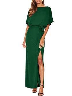 Women's Batwing Sleeve Tie Waist Long Dresses Formal Party Wedding Guest Side Split Maxi Dress