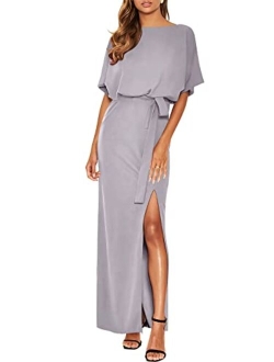 Women's Batwing Sleeve Tie Waist Long Dresses Formal Party Wedding Guest Side Split Maxi Dress