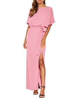 Women's Batwing Sleeve Tie Waist Long Dresses Formal Party Wedding Guest Side Split Maxi Dress