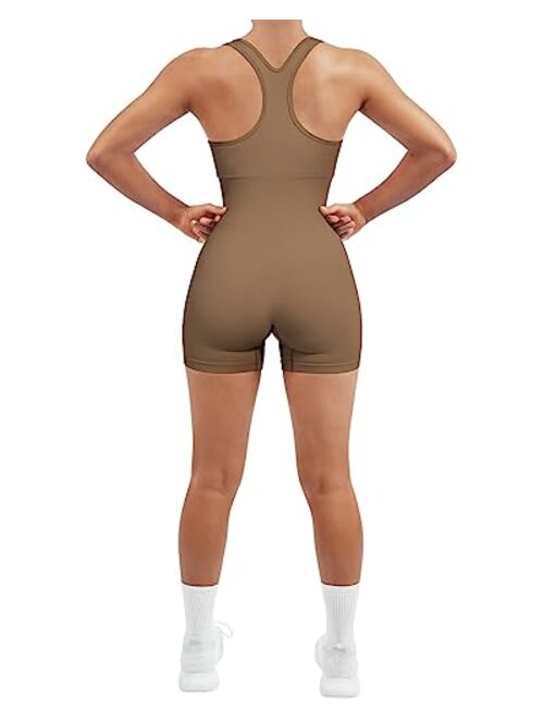 SUUKSESS Women Racerback Workout Romper One Piece Ribbed Seamless Jumpsuit Pads