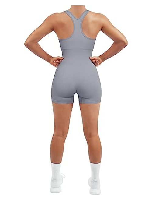 SUUKSESS Women Racerback Workout Romper One Piece Ribbed Seamless Jumpsuit Pads