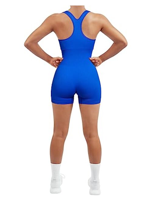 SUUKSESS Women Racerback Workout Romper One Piece Ribbed Seamless Jumpsuit Pads